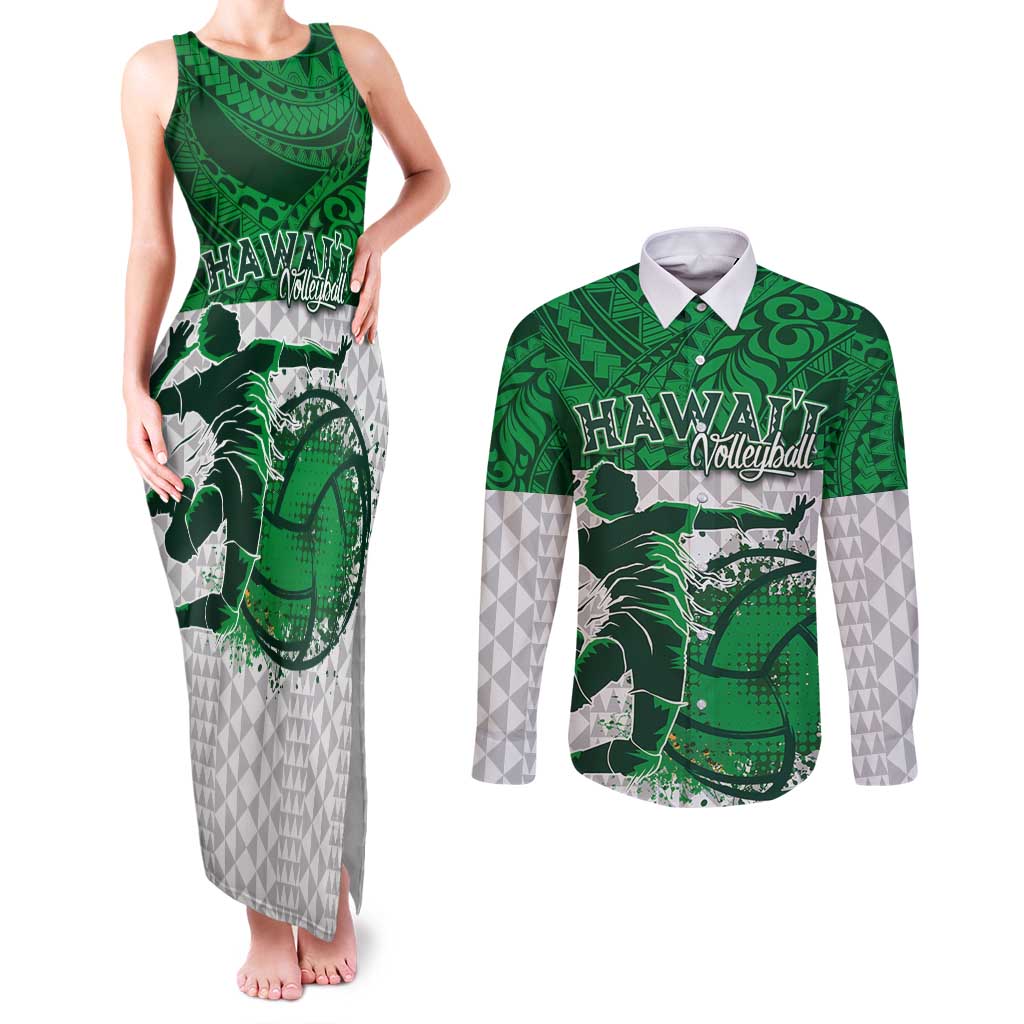 Custom Hawaii Volleyball-Kakau Motif Green Color Couples Matching Tank Maxi Dress and Long Sleeve Button Shirt