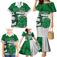 Custom Hawaii Volleyball-Kakau Motif Green Color Family Matching Mermaid Dress and Hawaiian Shirt