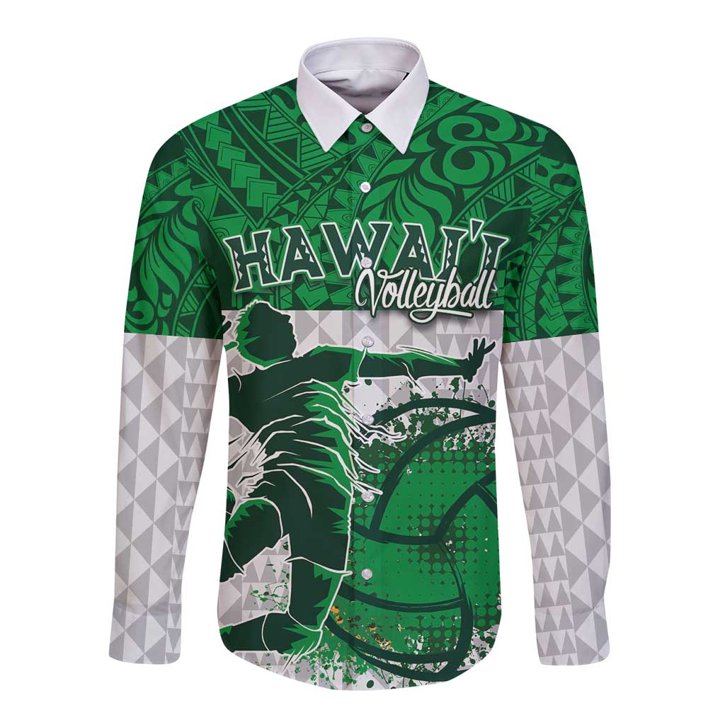 Custom Hawaii Volleyball-Kakau Motif Green Color Long Sleeve Button Shirt