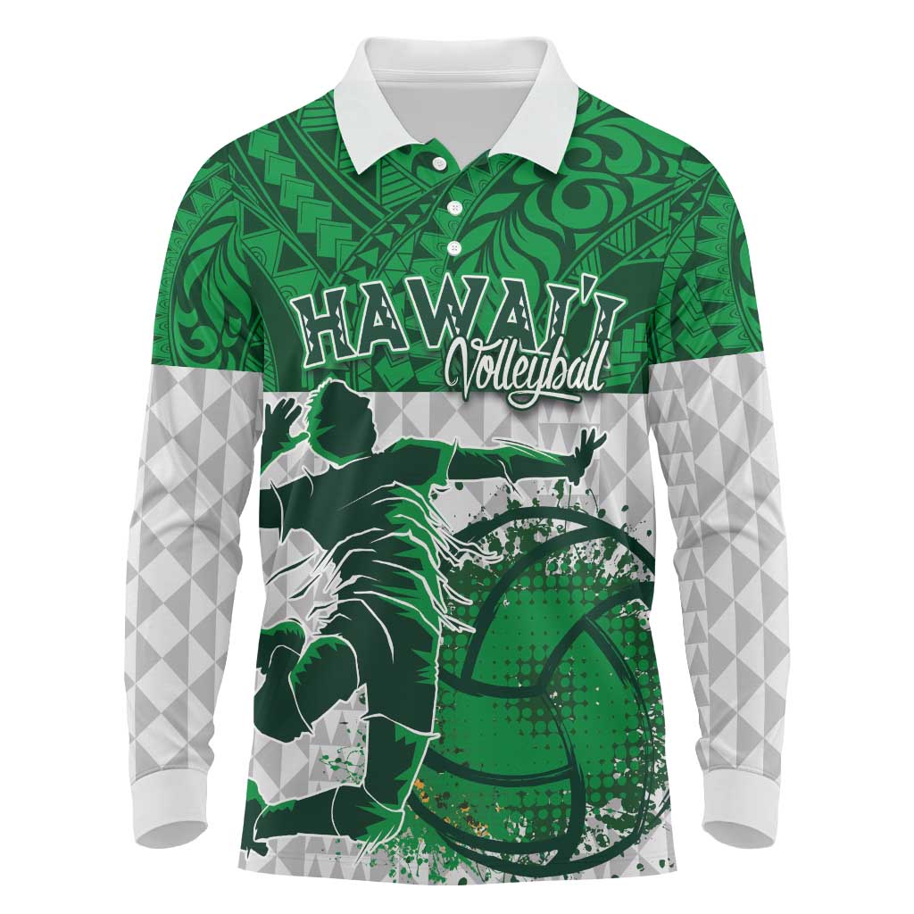 Custom Hawaii Volleyball-Kakau Motif Green Color Long Sleeve Polo Shirt