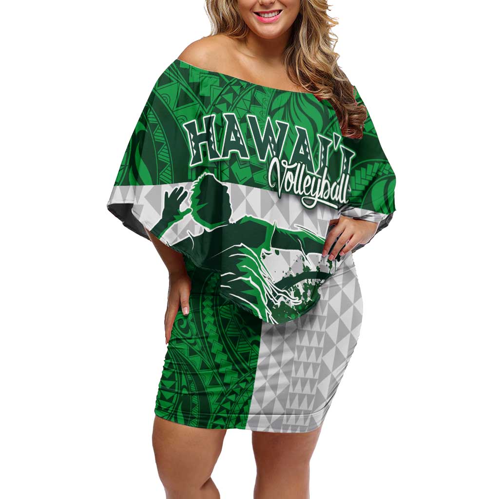 Custom Hawaii Volleyball-Kakau Motif Green Color Off Shoulder Short Dress