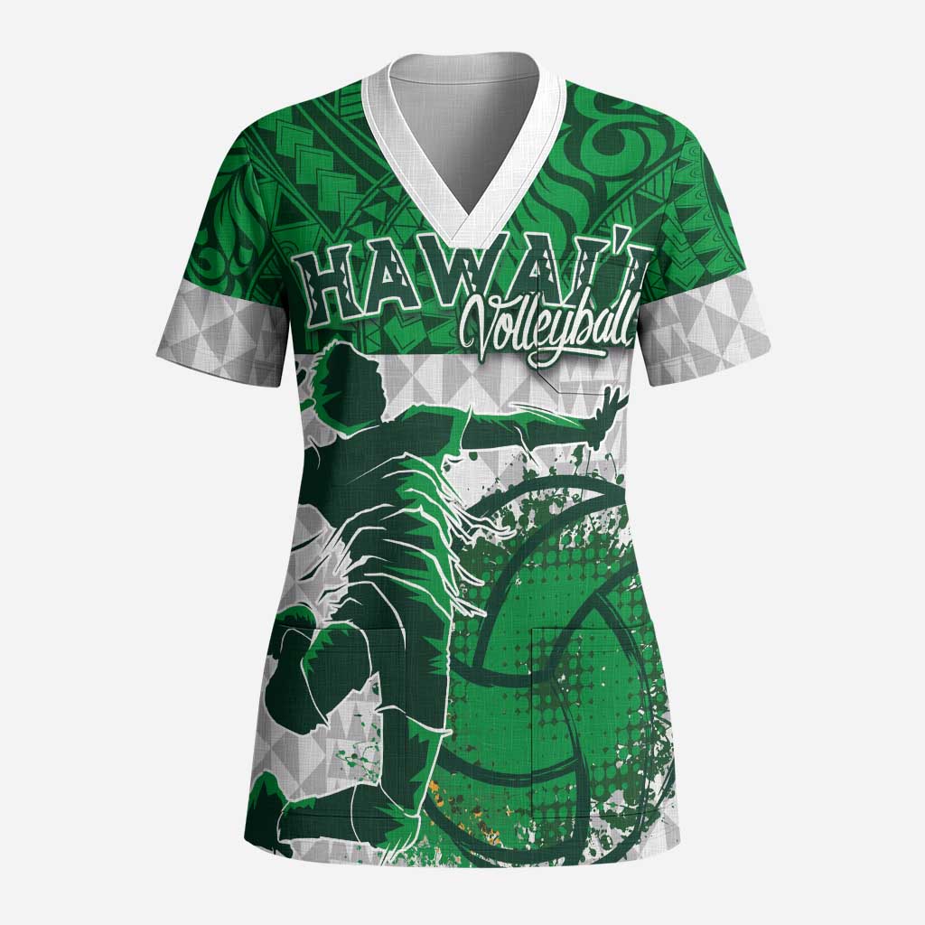 Custom Hawaii Volleyball-Kakau Motif Green Color Scrub Top - Polynesian Pride