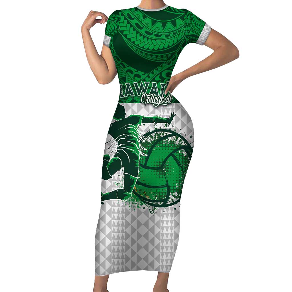 Custom Hawaii Volleyball-Kakau Motif Green Color Short Sleeve Bodycon Dress