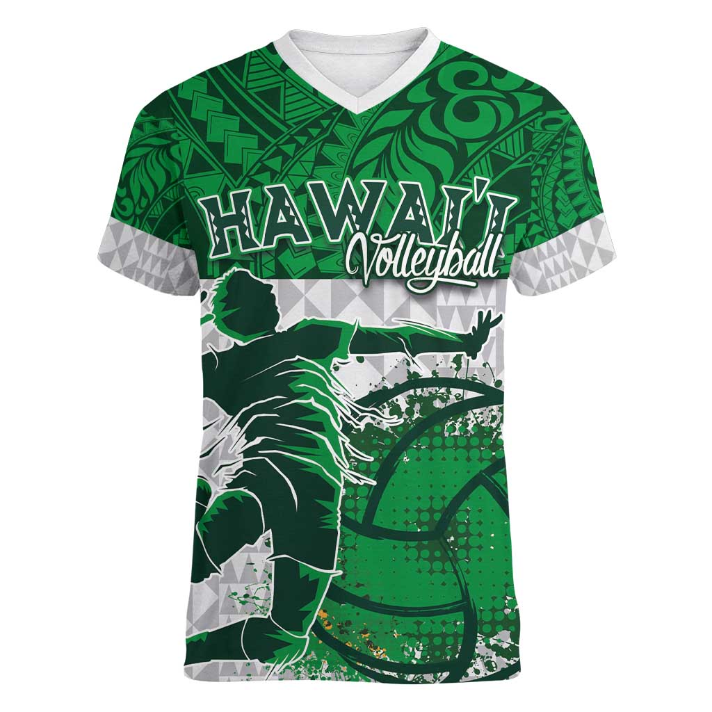 Custom Hawaii Volleyball-Kakau Motif Green Color Women V-Neck T-Shirt