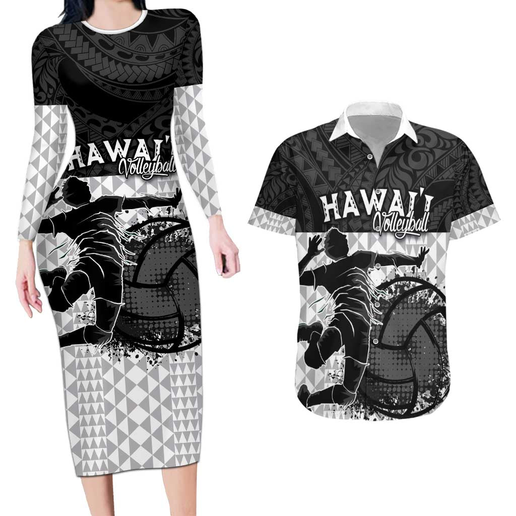 Custom Hawaii Volleyball-Kakau Motif Grayscale Color Couples Matching Long Sleeve Bodycon Dress and Hawaiian Shirt LT03 Black - Polynesian Pride