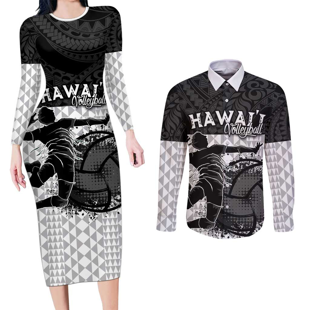 Custom Hawaii Volleyball-Kakau Motif Grayscale Color Couples Matching Long Sleeve Bodycon Dress and Long Sleeve Button Shirt