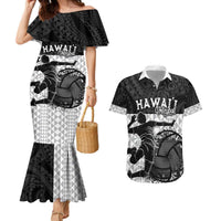 Custom Hawaii Volleyball-Kakau Motif Grayscale Color Couples Matching Mermaid Dress and Hawaiian Shirt LT03 Black - Polynesian Pride