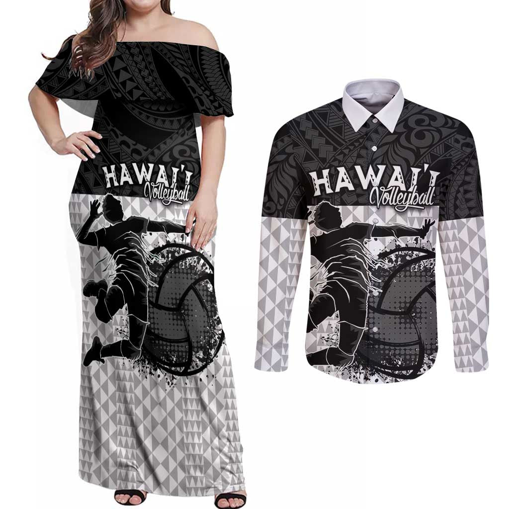 Custom Hawaii Volleyball-Kakau Motif Grayscale Color Couples Matching Off Shoulder Maxi Dress and Long Sleeve Button Shirt