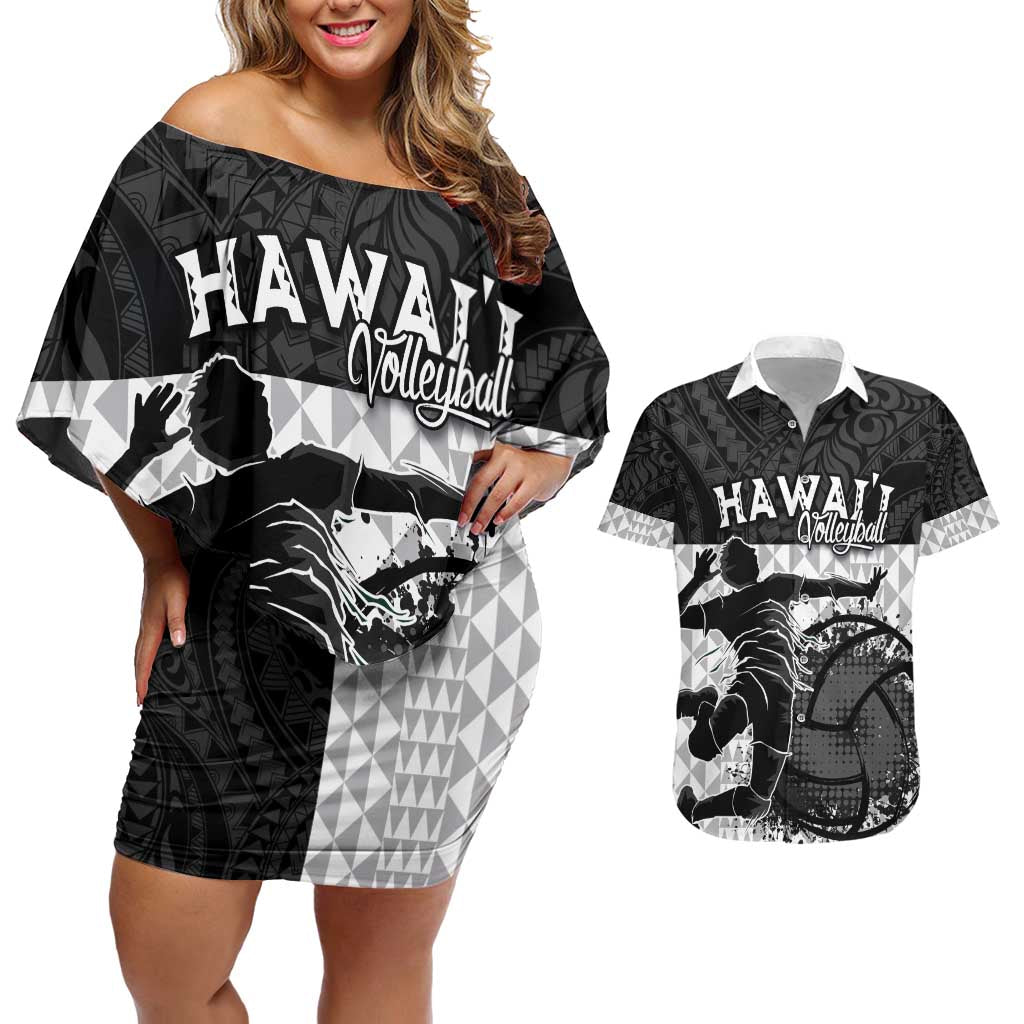 Custom Hawaii Volleyball-Kakau Motif Grayscale Color Couples Matching Off Shoulder Short Dress and Hawaiian Shirt LT03 Black - Polynesian Pride