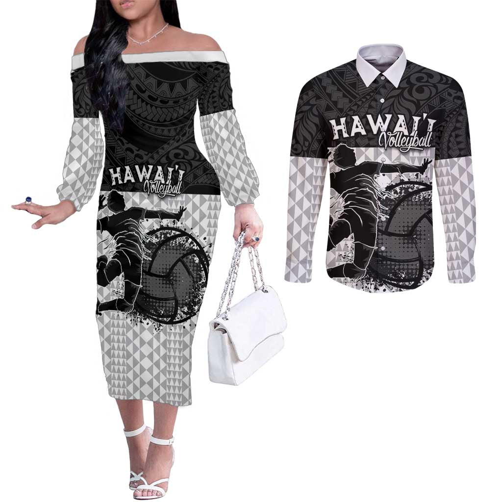 Custom Hawaii Volleyball-Kakau Motif Grayscale Color Couples Matching Off The Shoulder Long Sleeve Dress and Long Sleeve Button Shirt