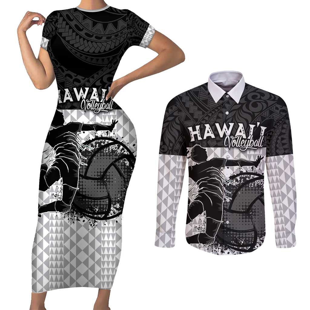 Custom Hawaii Volleyball-Kakau Motif Grayscale Color Couples Matching Short Sleeve Bodycon Dress and Long Sleeve Button Shirt LT03 Black - Polynesian Pride
