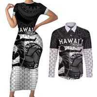 Custom Hawaii Volleyball-Kakau Motif Grayscale Color Couples Matching Short Sleeve Bodycon Dress and Long Sleeve Button Shirt LT03 Black - Polynesian Pride