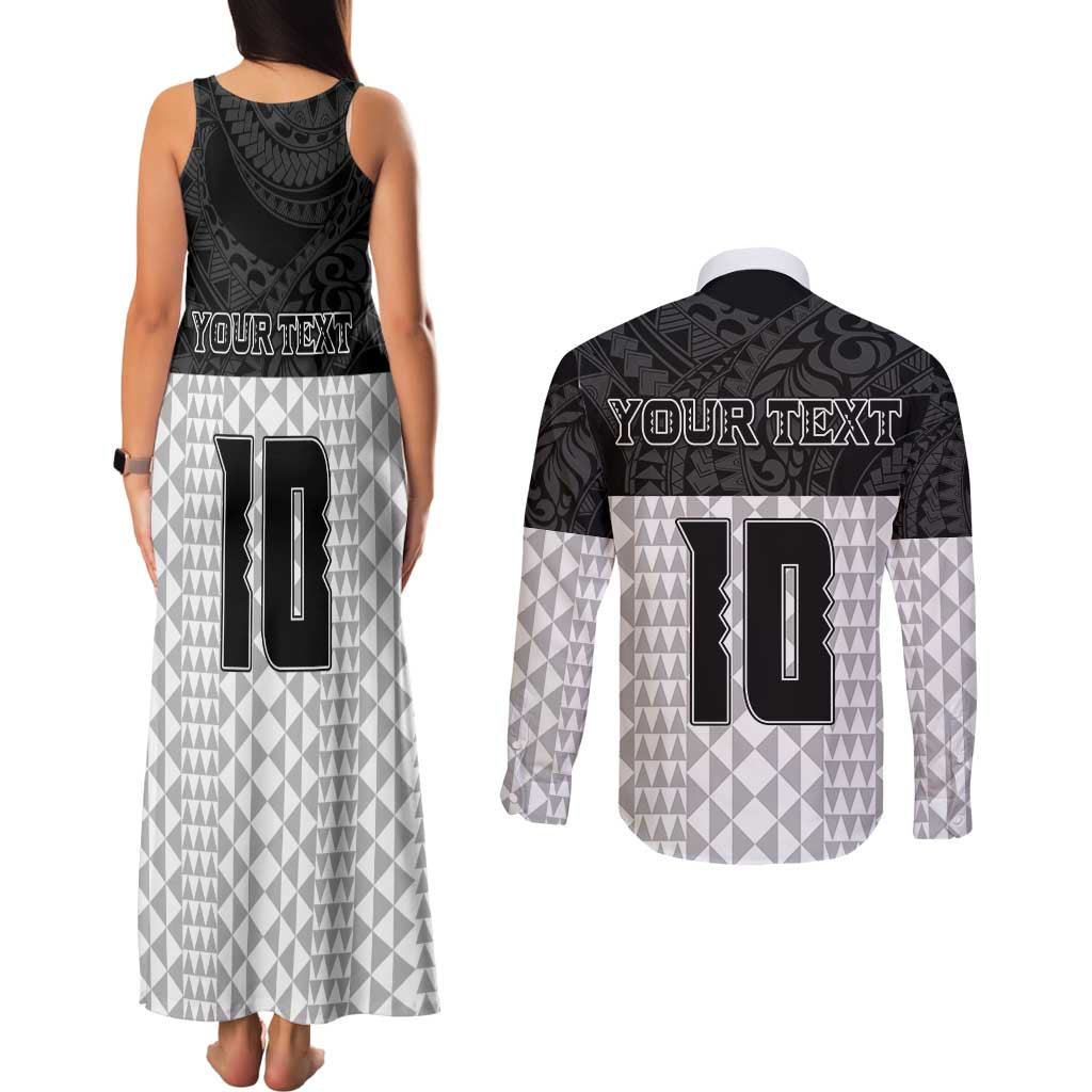 Custom Hawaii Volleyball-Kakau Motif Grayscale Color Couples Matching Tank Maxi Dress and Long Sleeve Button Shirt