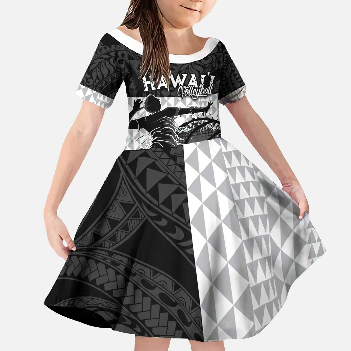 Custom Hawaii Volleyball-Kakau Motif Grayscale Color Family Matching Off The Shoulder Long Sleeve Dress and Hawaiian Shirt