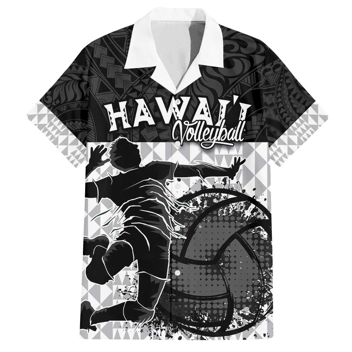 Custom Hawaii Volleyball-Kakau Motif Grayscale Color Family Matching Off The Shoulder Long Sleeve Dress and Hawaiian Shirt