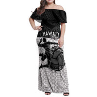Custom Hawaii Volleyball-Kakau Motif Grayscale Color Family Matching Off Shoulder Maxi Dress and Hawaiian Shirt