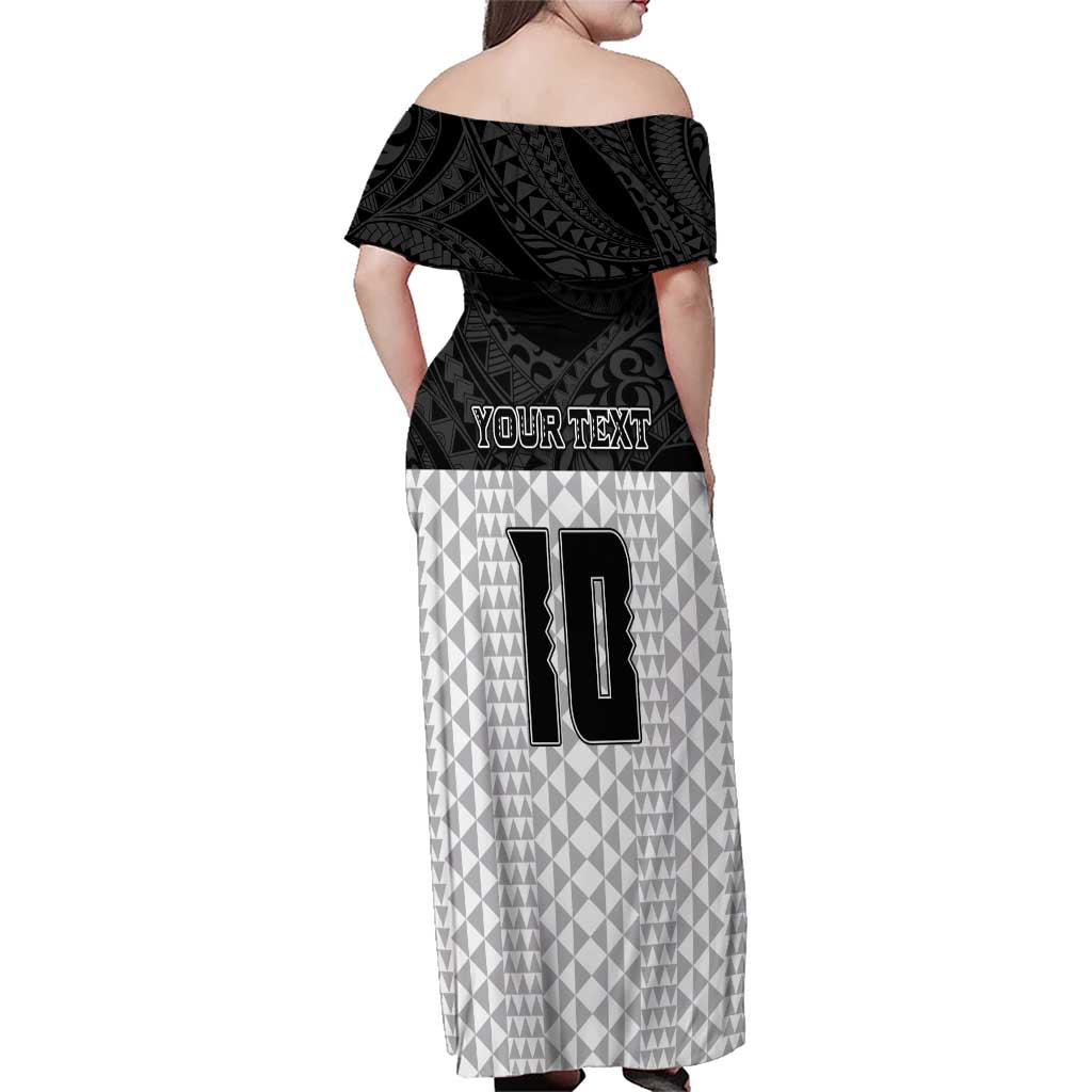 Custom Hawaii Volleyball-Kakau Motif Grayscale Color Family Matching Off Shoulder Maxi Dress and Hawaiian Shirt