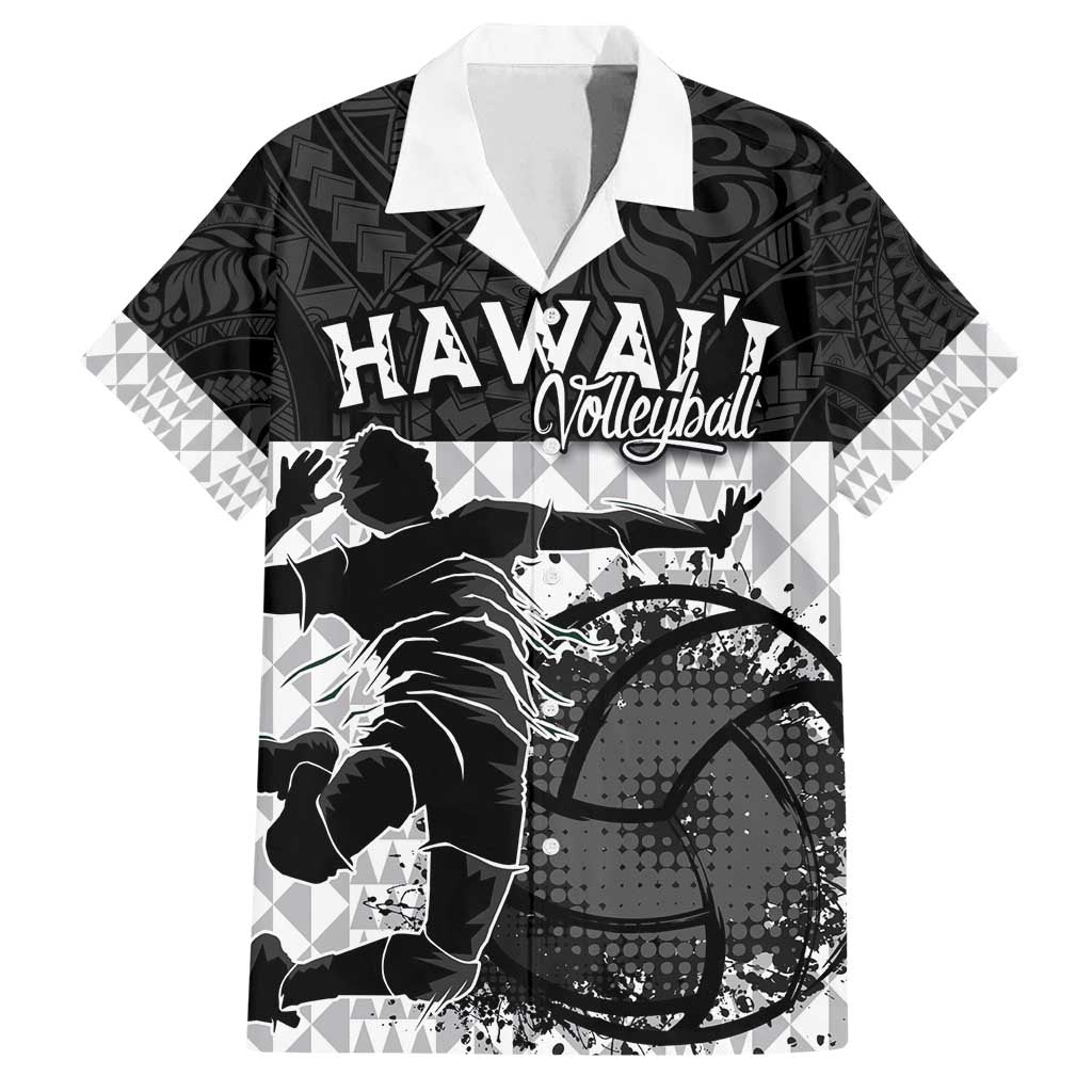 Custom Hawaii Volleyball-Kakau Motif Grayscale Color Family Matching Off Shoulder Short Dress and Hawaiian Shirt