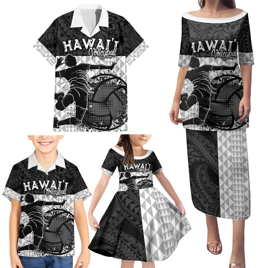 Custom Hawaii Volleyball-Kakau Motif Grayscale Color Family Matching Puletasi and Hawaiian Shirt