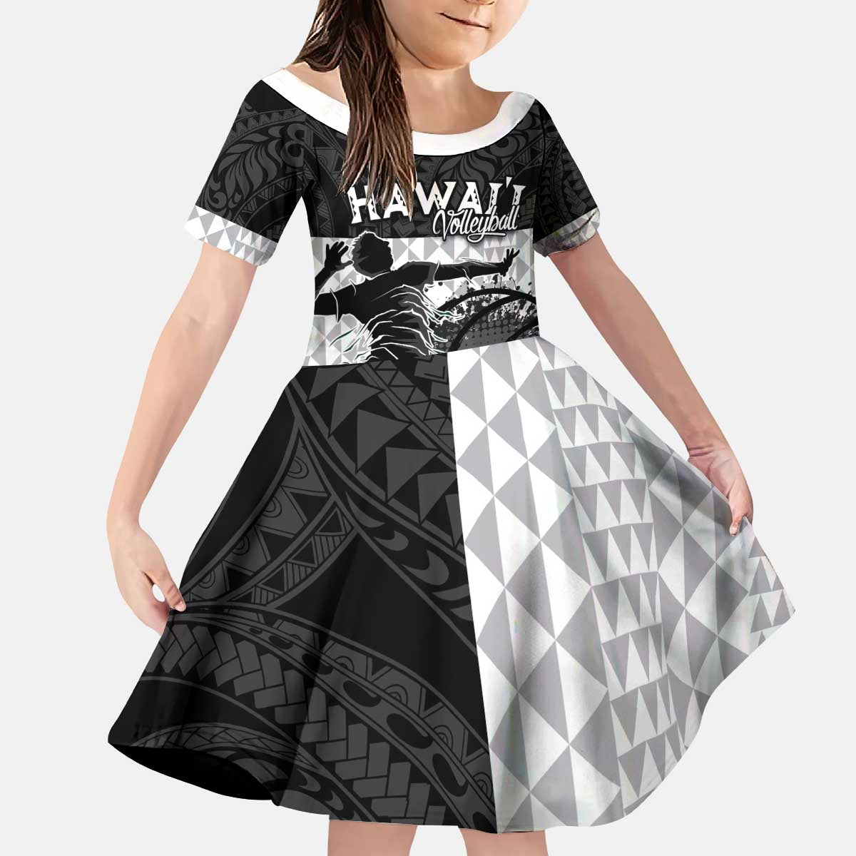 Custom Hawaii Volleyball-Kakau Motif Grayscale Color Kid Short Sleeve Dress