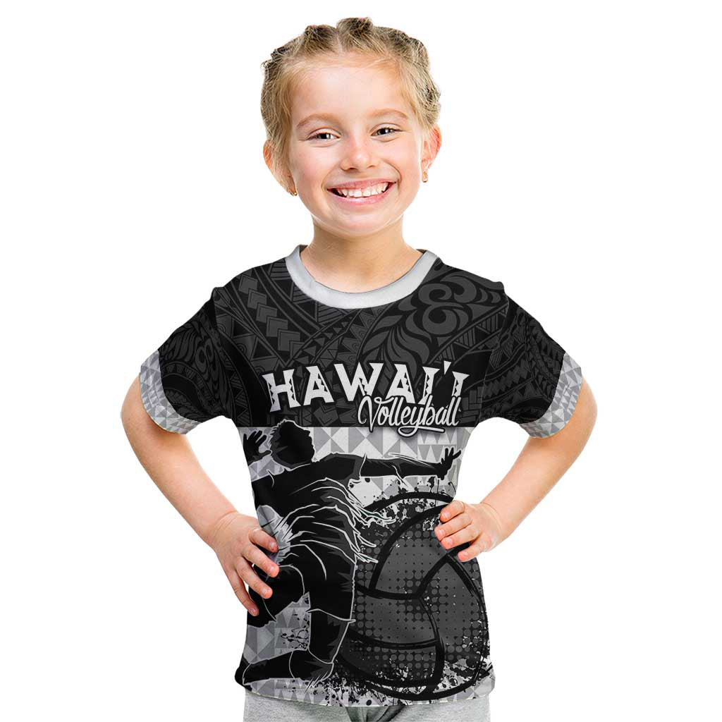 Custom Hawaii Volleyball-Kakau Motif Grayscale Color Kid T Shirt LT03 Black - Polynesian Pride