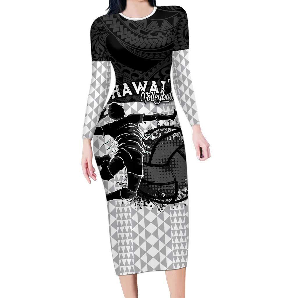 Custom Hawaii Volleyball-Kakau Motif Grayscale Color Long Sleeve Bodycon Dress