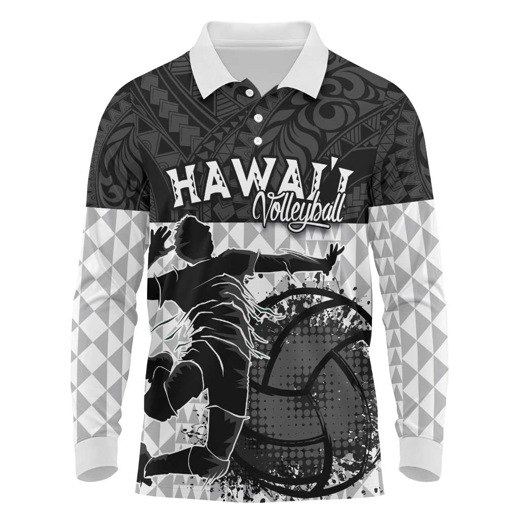 Custom Hawaii Volleyball-Kakau Motif Grayscale Color Long Sleeve Polo Shirt