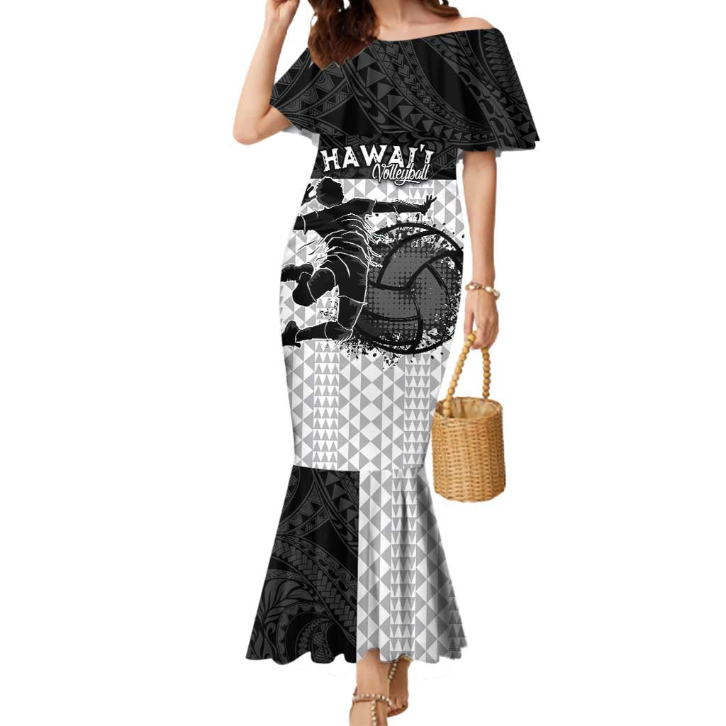 Custom Hawaii Volleyball-Kakau Motif Grayscale Color Mermaid Dress