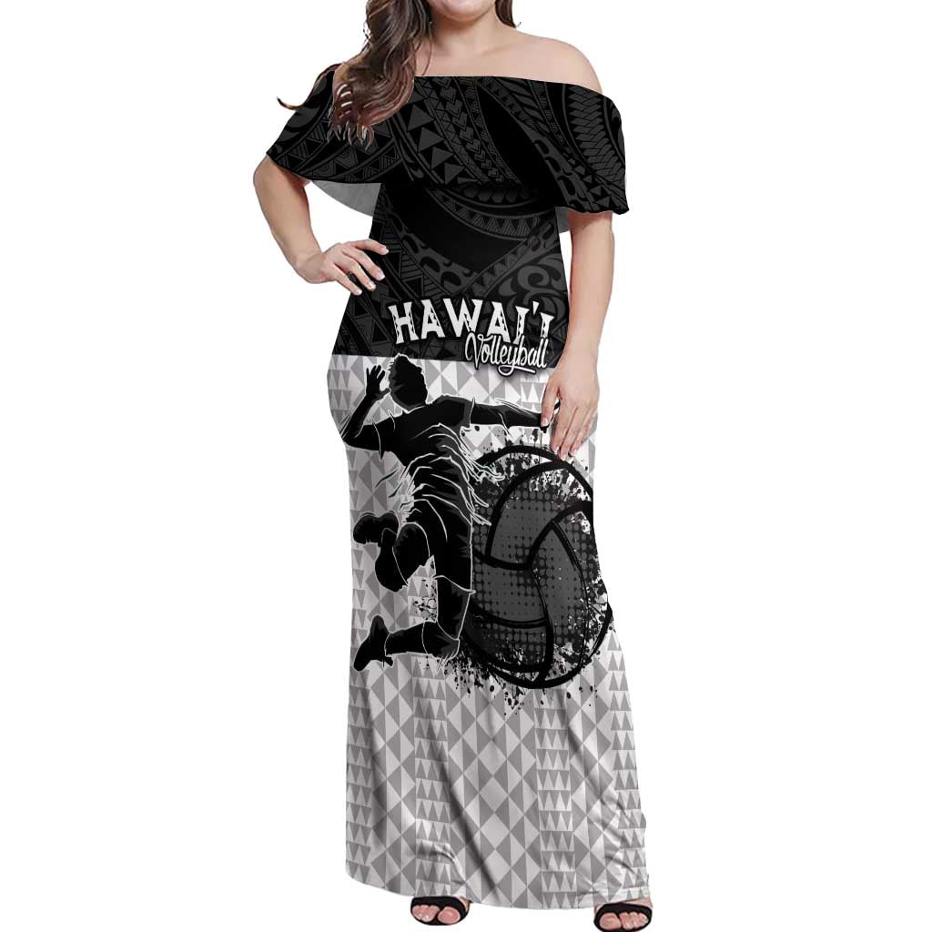 Custom Hawaii Volleyball-Kakau Motif Grayscale Color Off Shoulder Maxi Dress