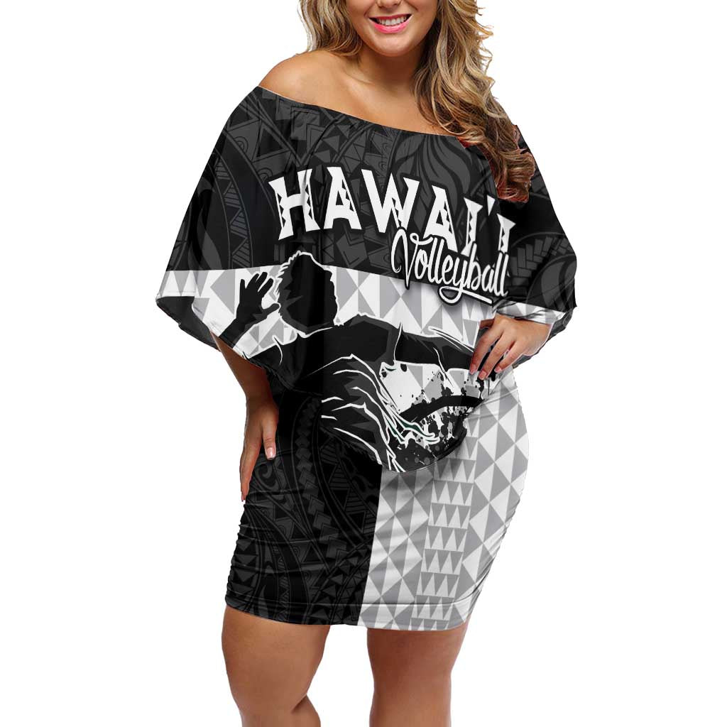 Custom Hawaii Volleyball-Kakau Motif Grayscale Color Off Shoulder Short Dress