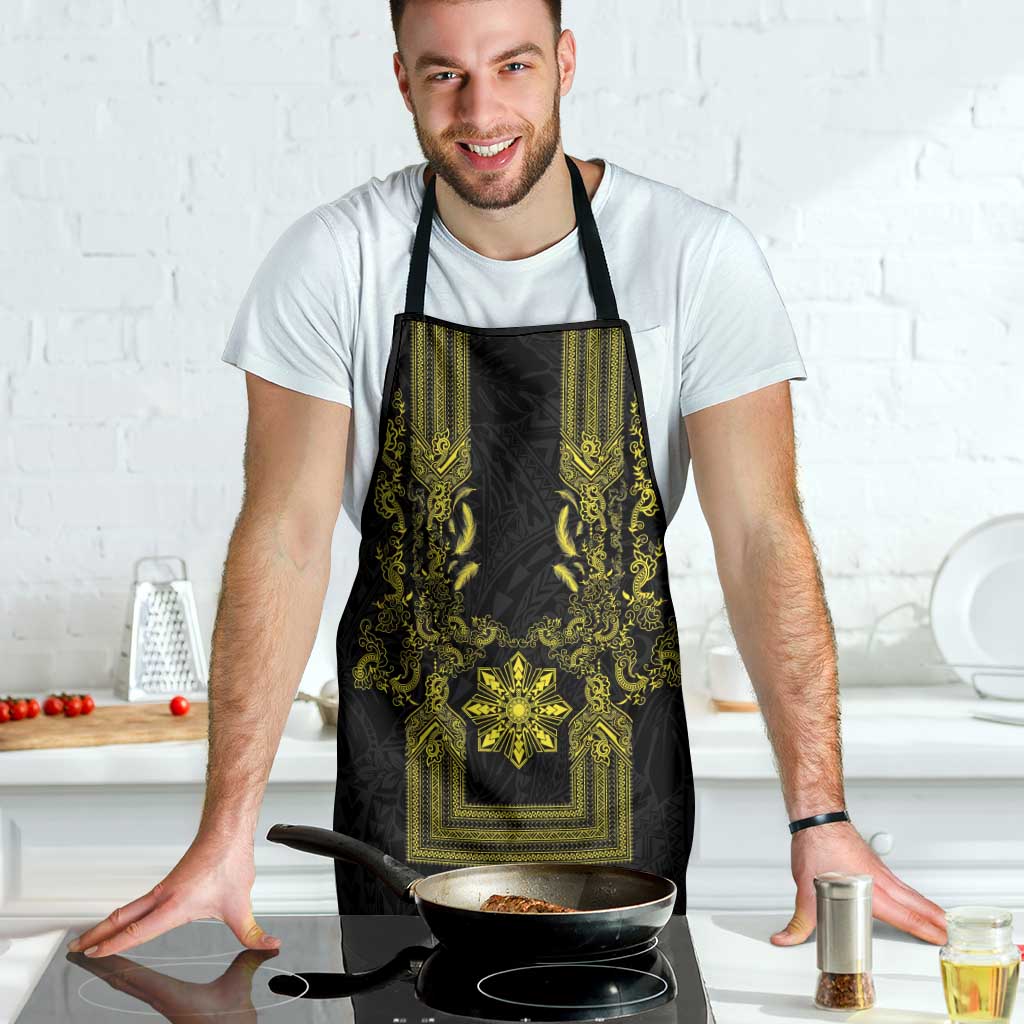 Philippines Barong Style Apron with Polynesian Art and Leaf Motif Black-Gold Color