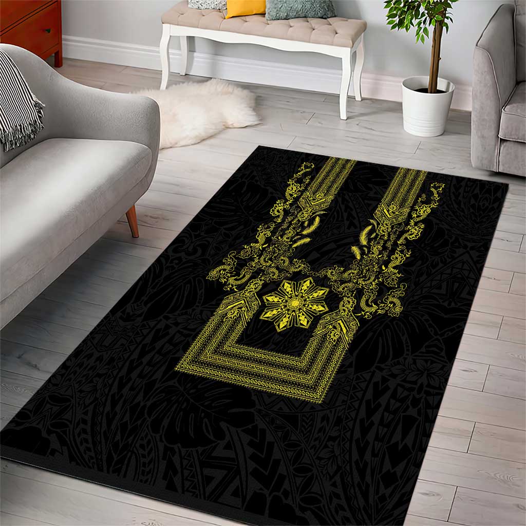 Philippines Barong Style Area Rug with Polynesian Art and Leaf Motif Black-Gold Color