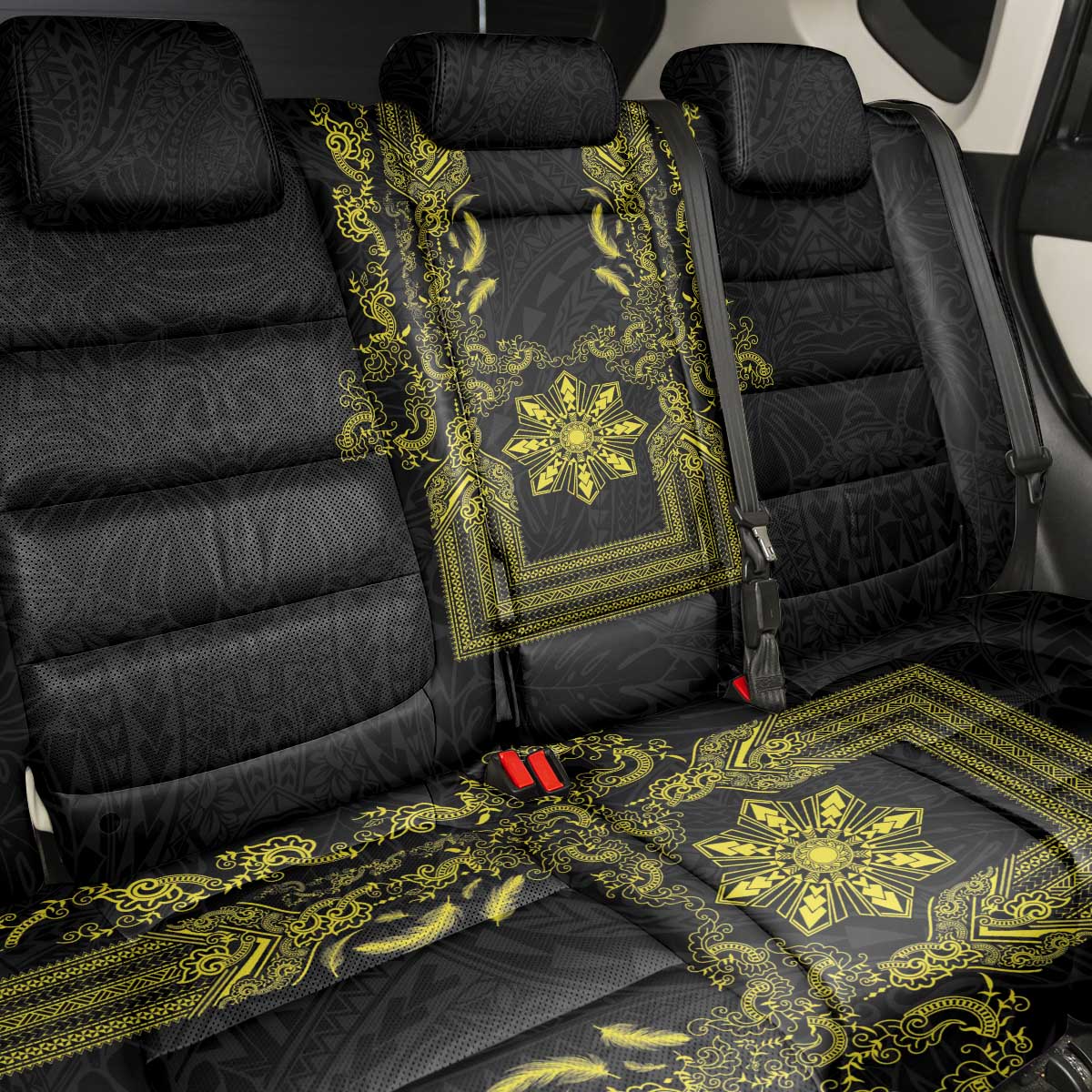 Philippines Barong Style Back Car Seat Cover with Polynesian Art and Leaf Motif Black-Gold Color