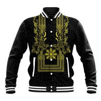 Philippines Barong Style Baseball Jacket with Polynesian Art and Leaf Motif Black-Gold Color