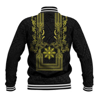 Philippines Barong Style Baseball Jacket with Polynesian Art and Leaf Motif Black-Gold Color