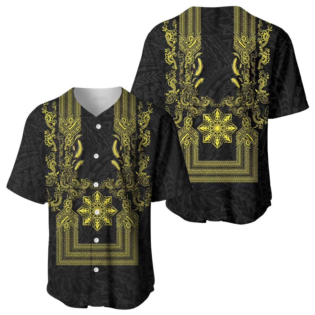 Philippines Barong Style Baseball Jersey with Polynesian Art and Leaf Motif Black-Gold Color