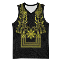 Philippines Barong Style Basketball Jersey with Polynesian Art and Leaf Motif Black-Gold Color