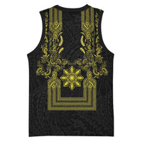 Philippines Barong Style Basketball Jersey with Polynesian Art and Leaf Motif Black-Gold Color