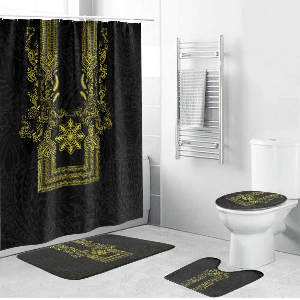 Philippines Barong Style Bathroom Set with Polynesian Art and Leaf Motif Black-Gold Color