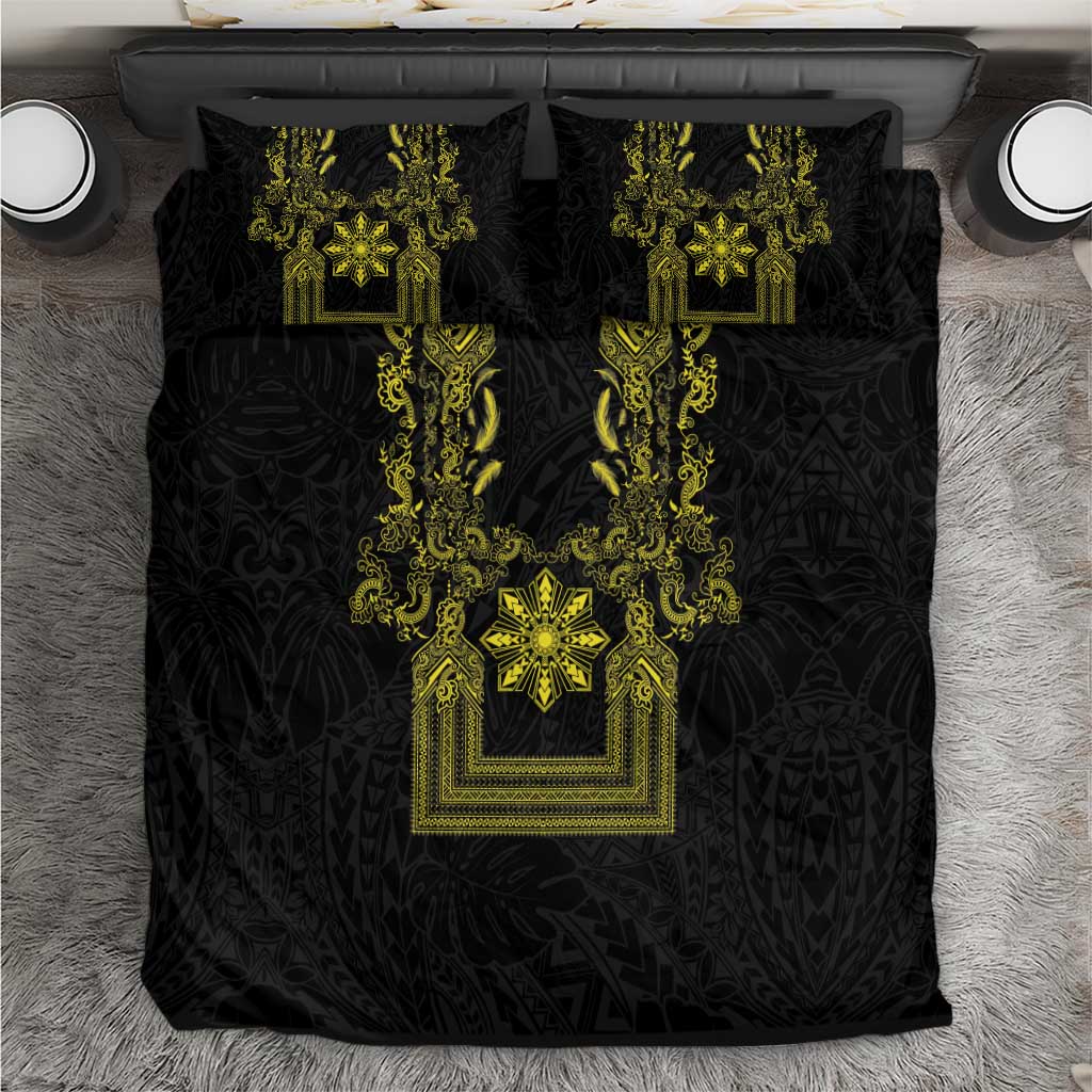 Philippines Barong Style Bedding Set with Polynesian Art and Leaf Motif Black-Gold Color