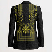 Philippines Barong Style Blazer with Polynesian Art and Leaf Motif Black-Gold Color