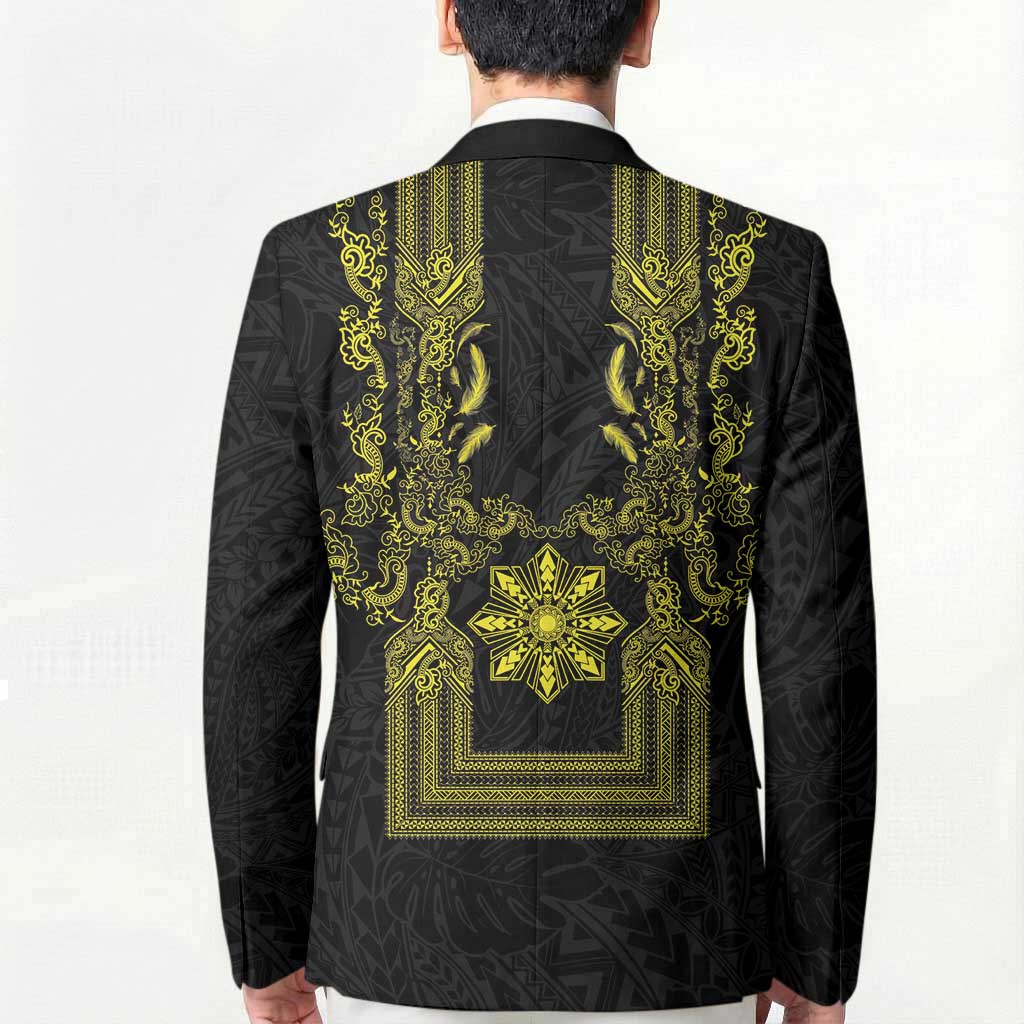Philippines Barong Style Blazer with Polynesian Art and Leaf Motif Black-Gold Color