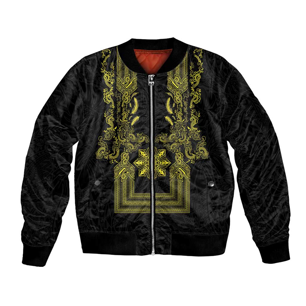 Philippines Barong Style Bomber Jacket with Polynesian Art and Leaf Motif Black-Gold Color