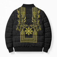 Philippines Barong Style Bomber Puffer Jacket with Polynesian Art and Leaf Motif Black-Gold Color