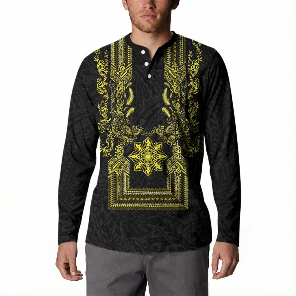 Philippines Barong Style Button Sweatshirt with Polynesian Art and Leaf Motif Black-Gold Color