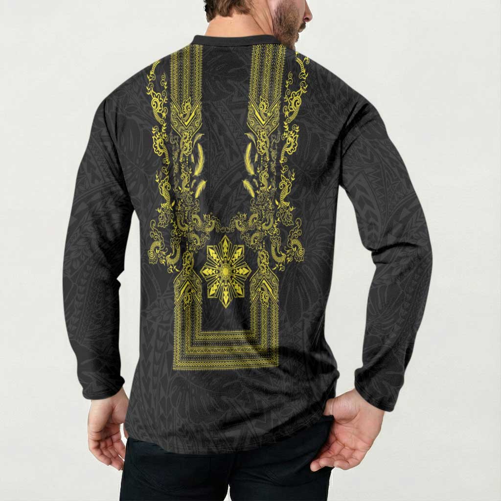 Philippines Barong Style Button Sweatshirt with Polynesian Art and Leaf Motif Black-Gold Color