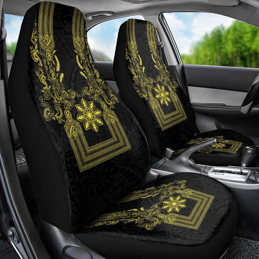 Philippines Barong Style Car Seat Cover with Polynesian Art and Leaf Motif Black-Gold Color