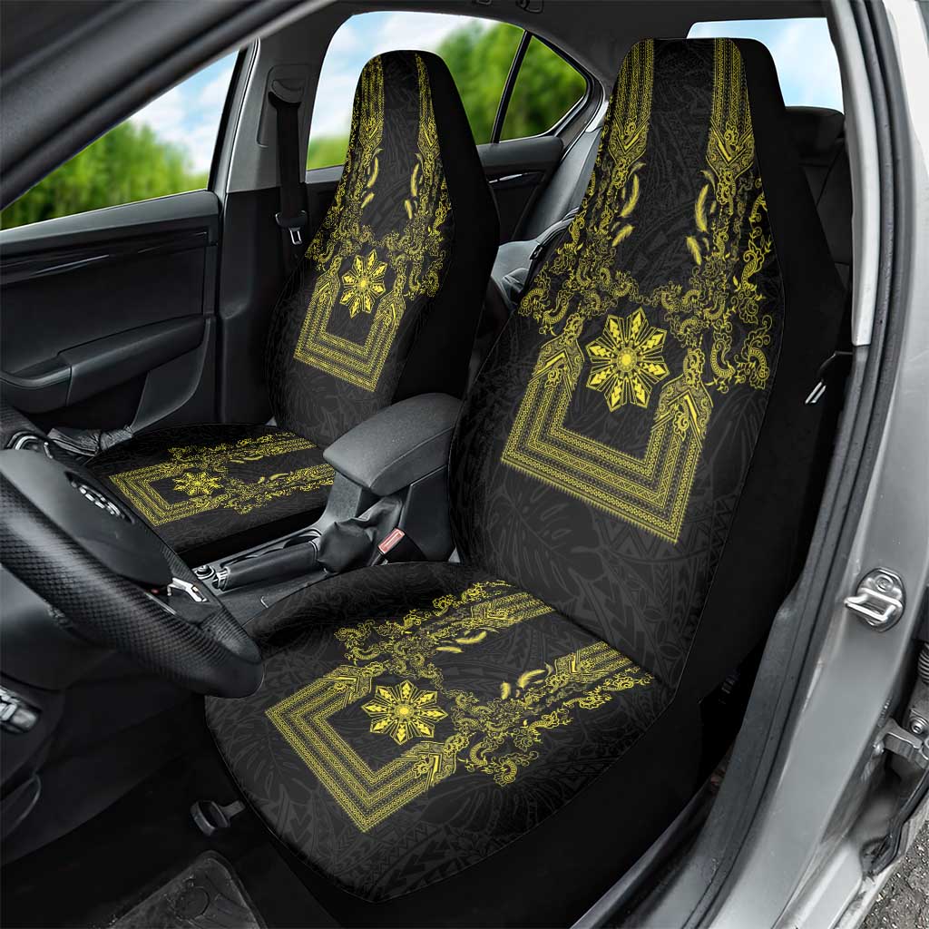 Philippines Barong Style Car Seat Cover with Polynesian Art and Leaf Motif Black-Gold Color