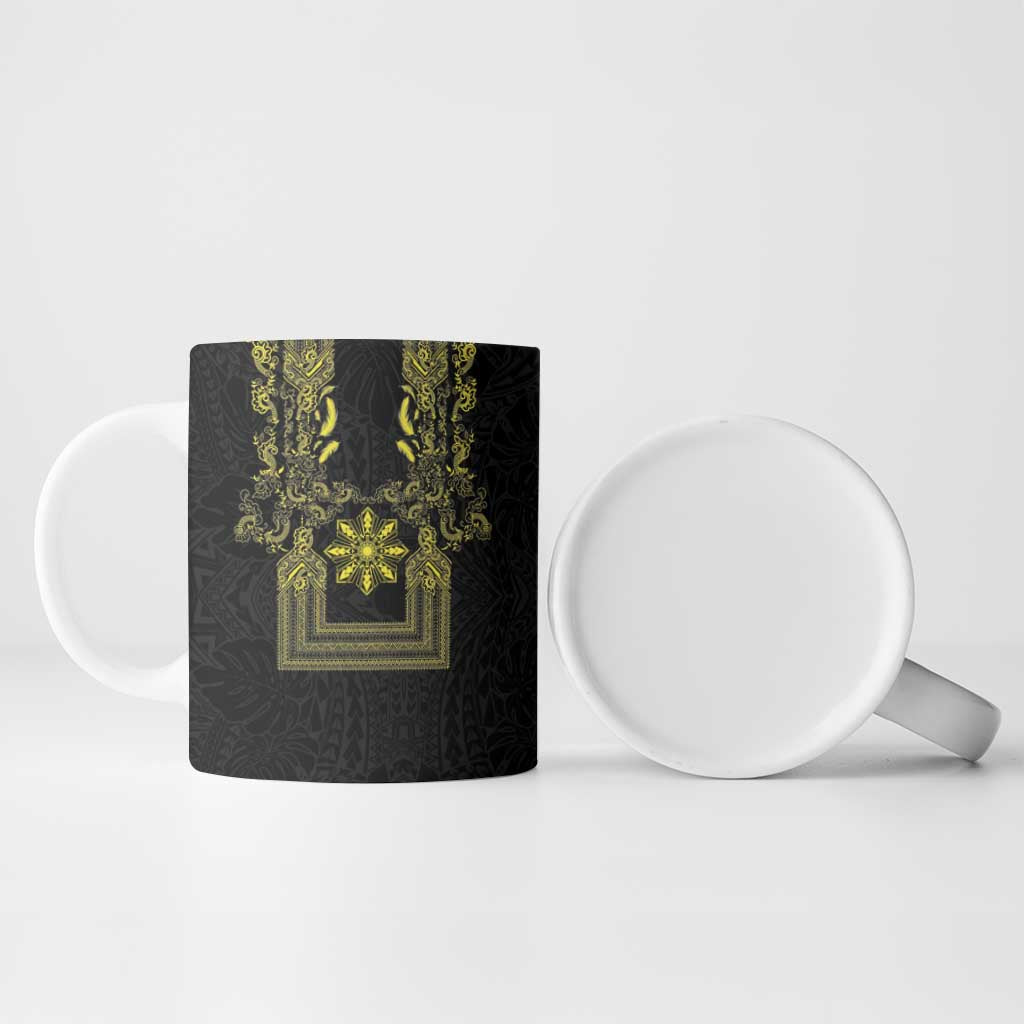 Philippines Barong Style Ceramic Mug with Polynesian Art and Leaf Motif Black-Gold Color