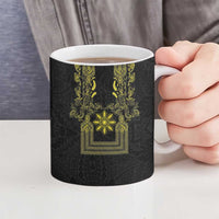 Philippines Barong Style Ceramic Mug with Polynesian Art and Leaf Motif Black-Gold Color
